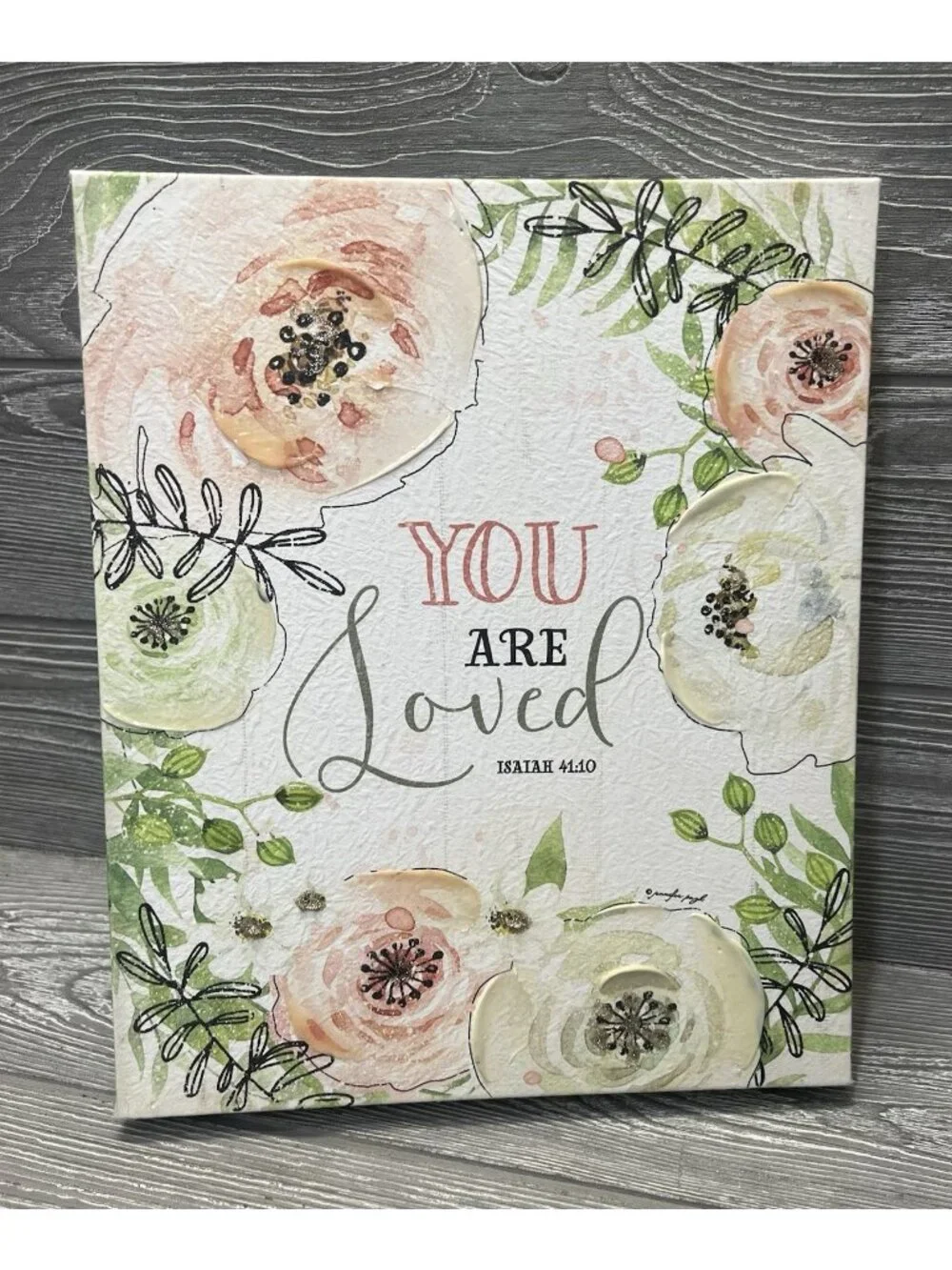 You Are Loved Isaiah 41:10 Floral Canvas Peach Flowers 12” X 10” Wall Decor